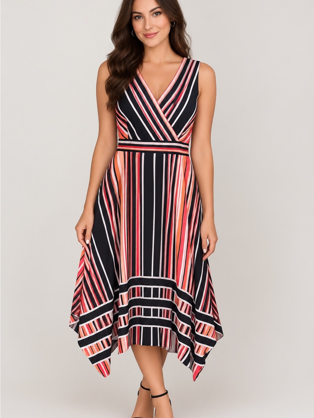 Karl Lagerfeld Black and Orange Tone Striped Handkerchief Hem Dress